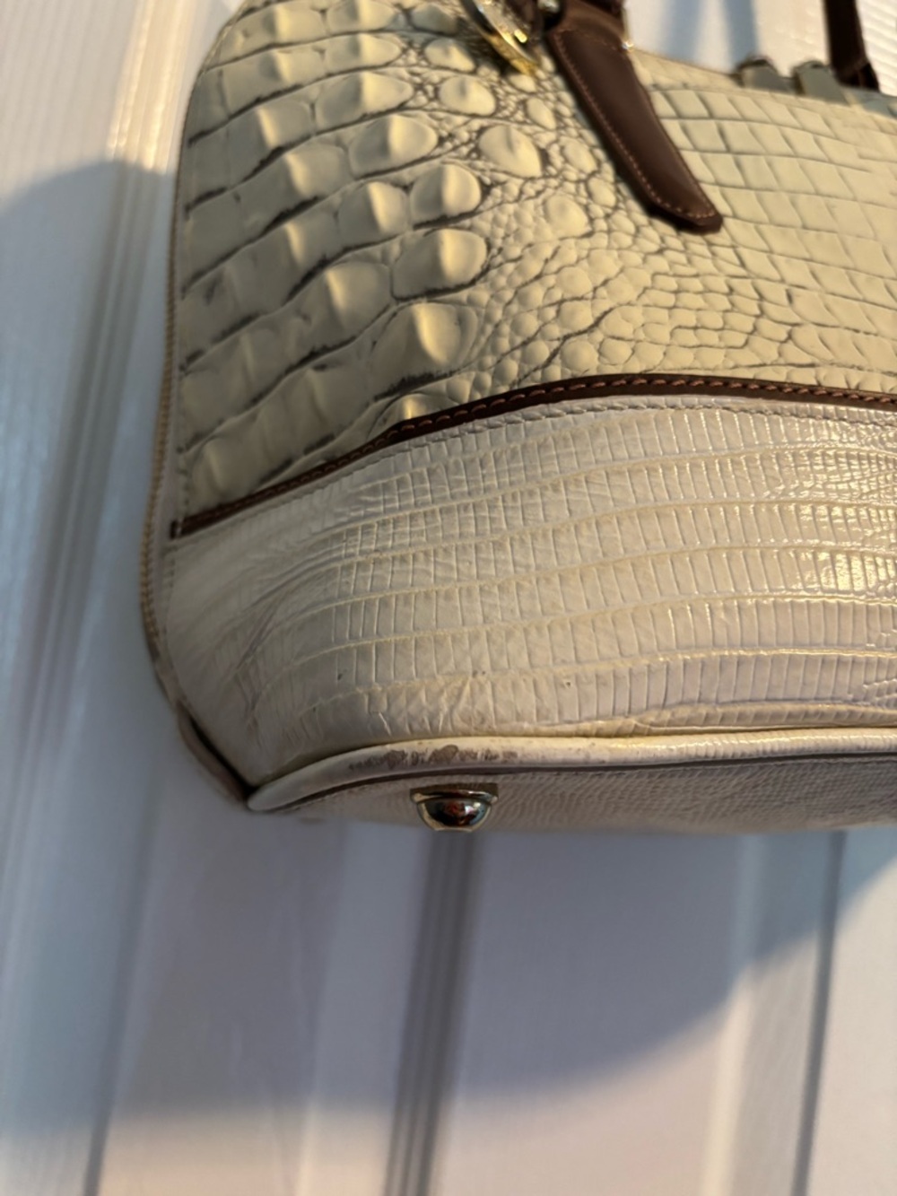 Brahmin Cream Croc-Embossed Satchel with Brown Handles - Picture 5 of 7